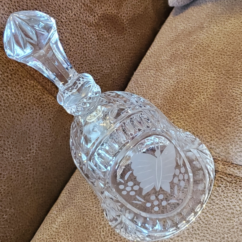 Clear cut glass collectible bell with frosted glass butterfly